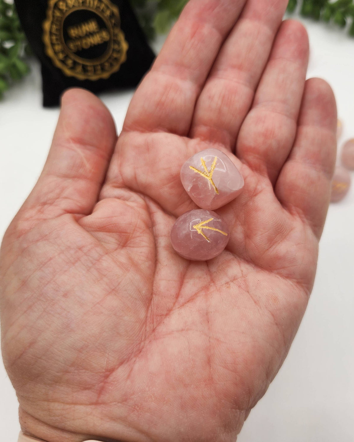 Rose Quartz Semi-Precious Gemstone Rune Sets & Velvet Pouch
