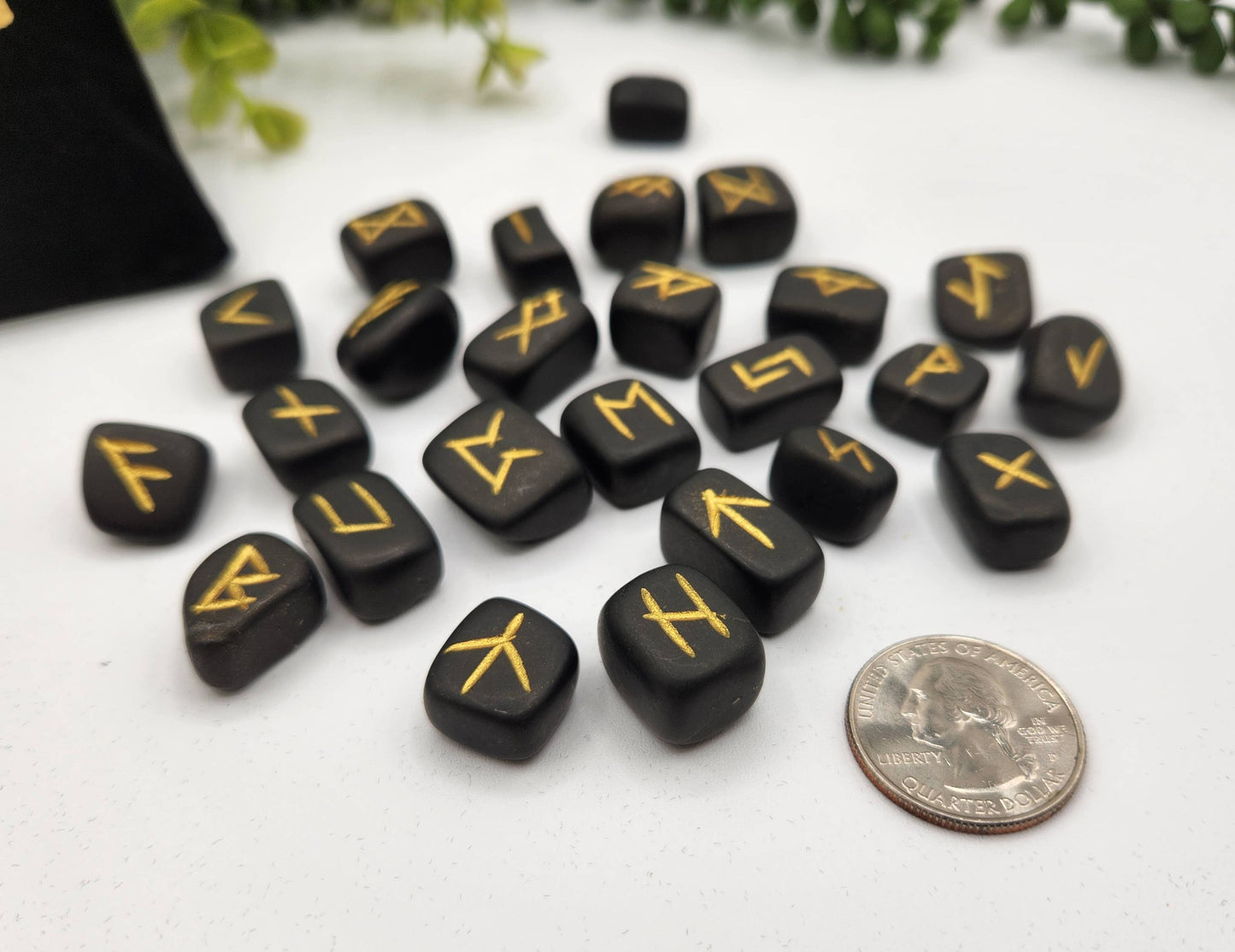 Shungite Semi-Precious Gemstone Rune Sets with Velvet Pouch
