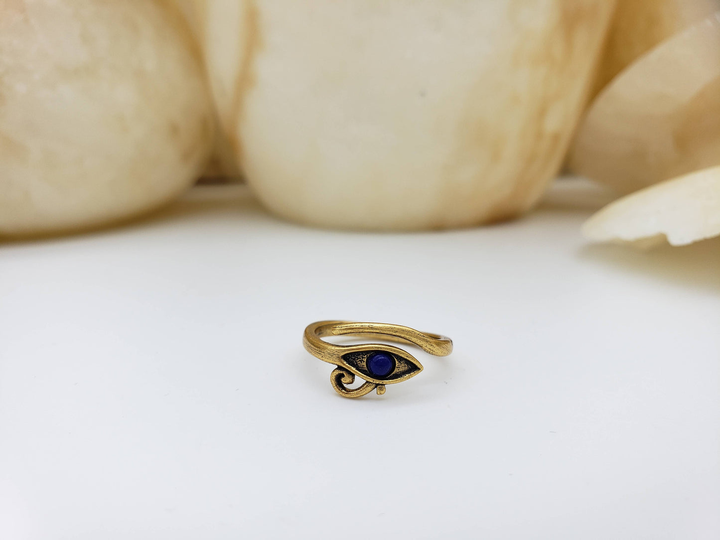Eye of Horus Ring with lapis, antiqued gold - adjustable