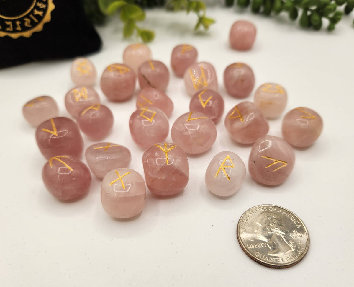 Rose Quartz Semi-Precious Gemstone Rune Sets  & Velvet Pouch