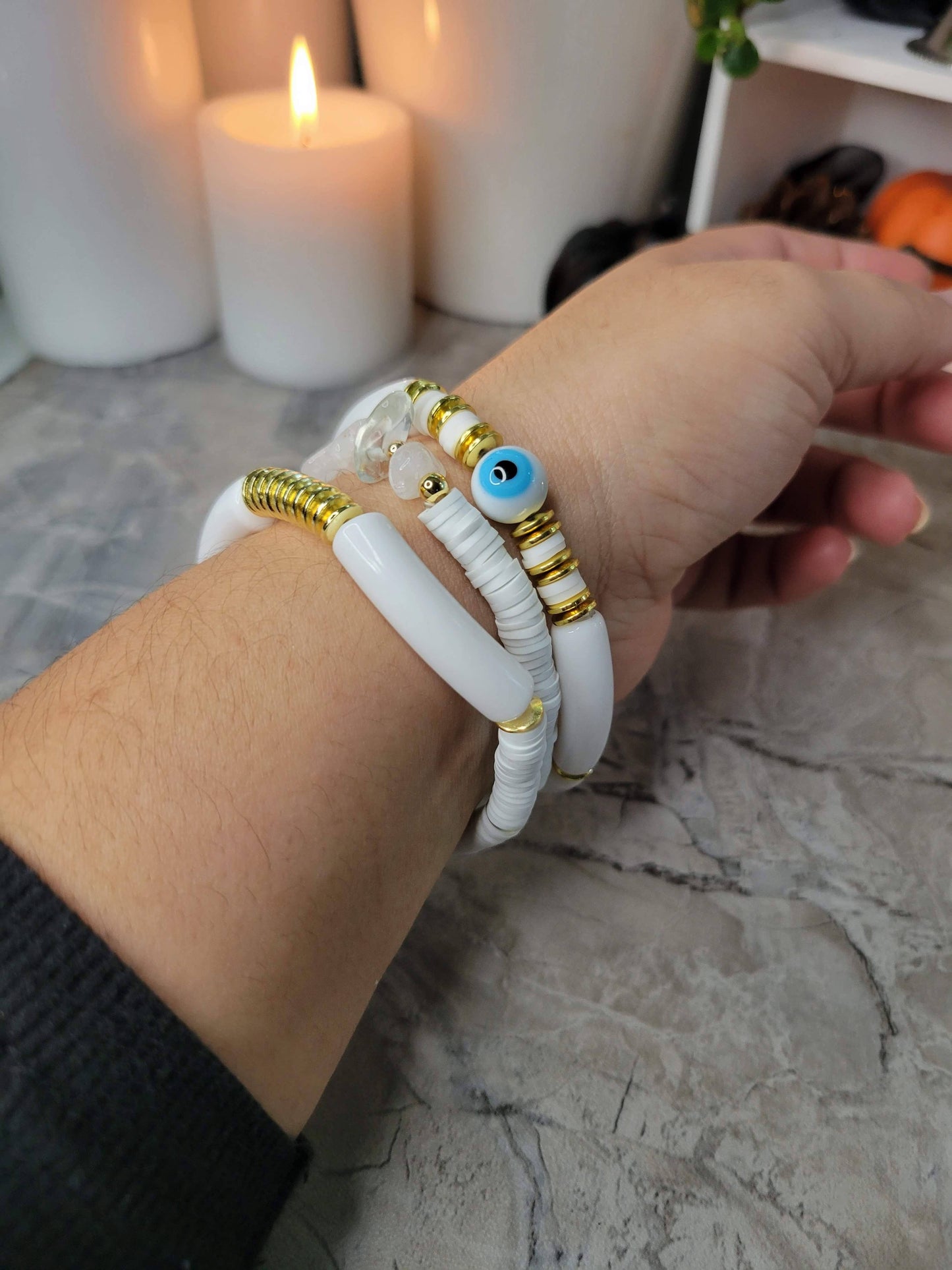 Chunky Tube Beads Bracelets Set of 3, Evil Eye Bracelets