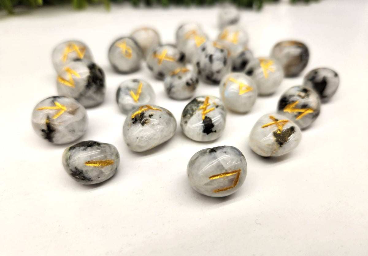 Rainbow Moonstone Gemstone Rune Sets with Velvet Pouch