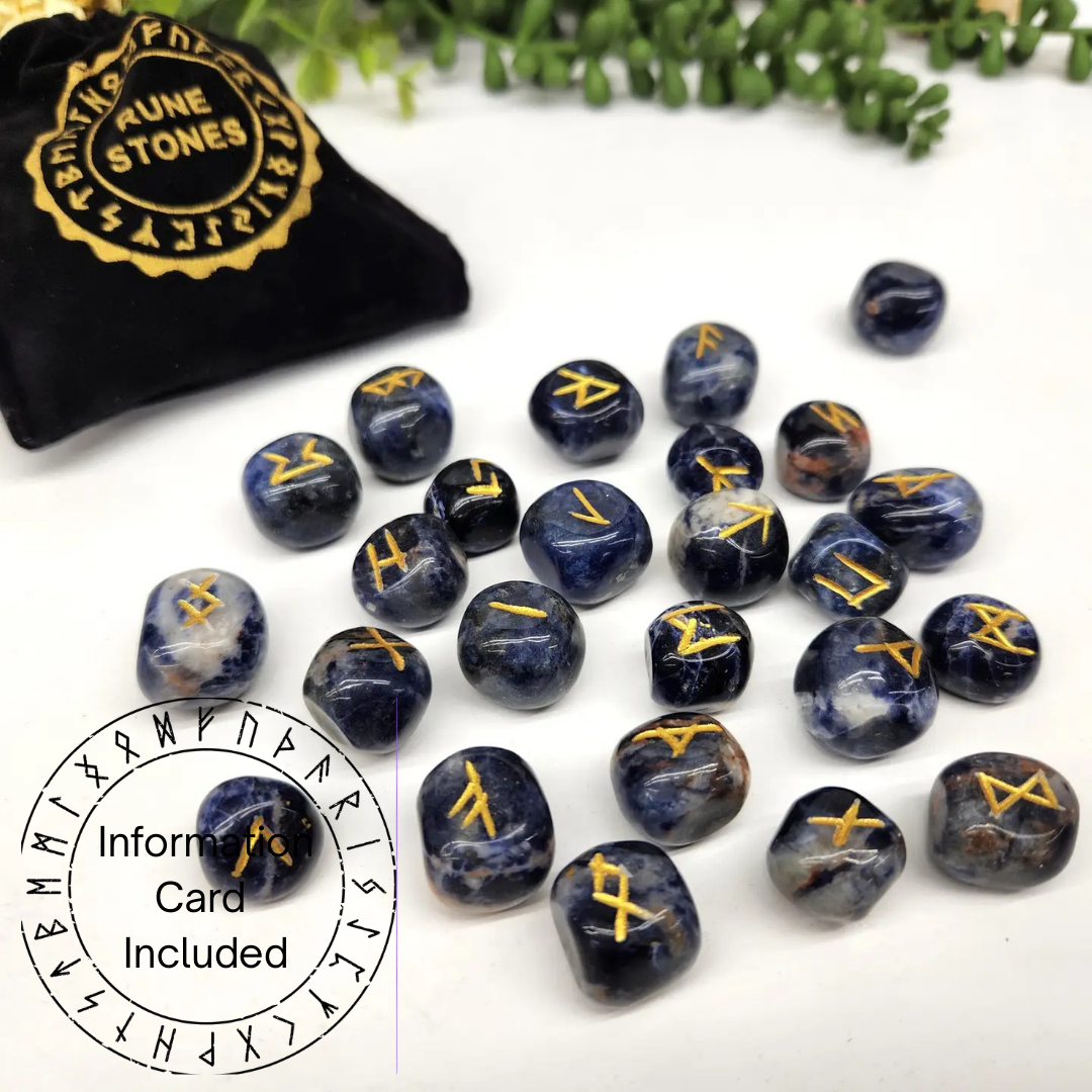 Sodalite Semi-Precious Gemstone Rune Sets with Velvet Pouch