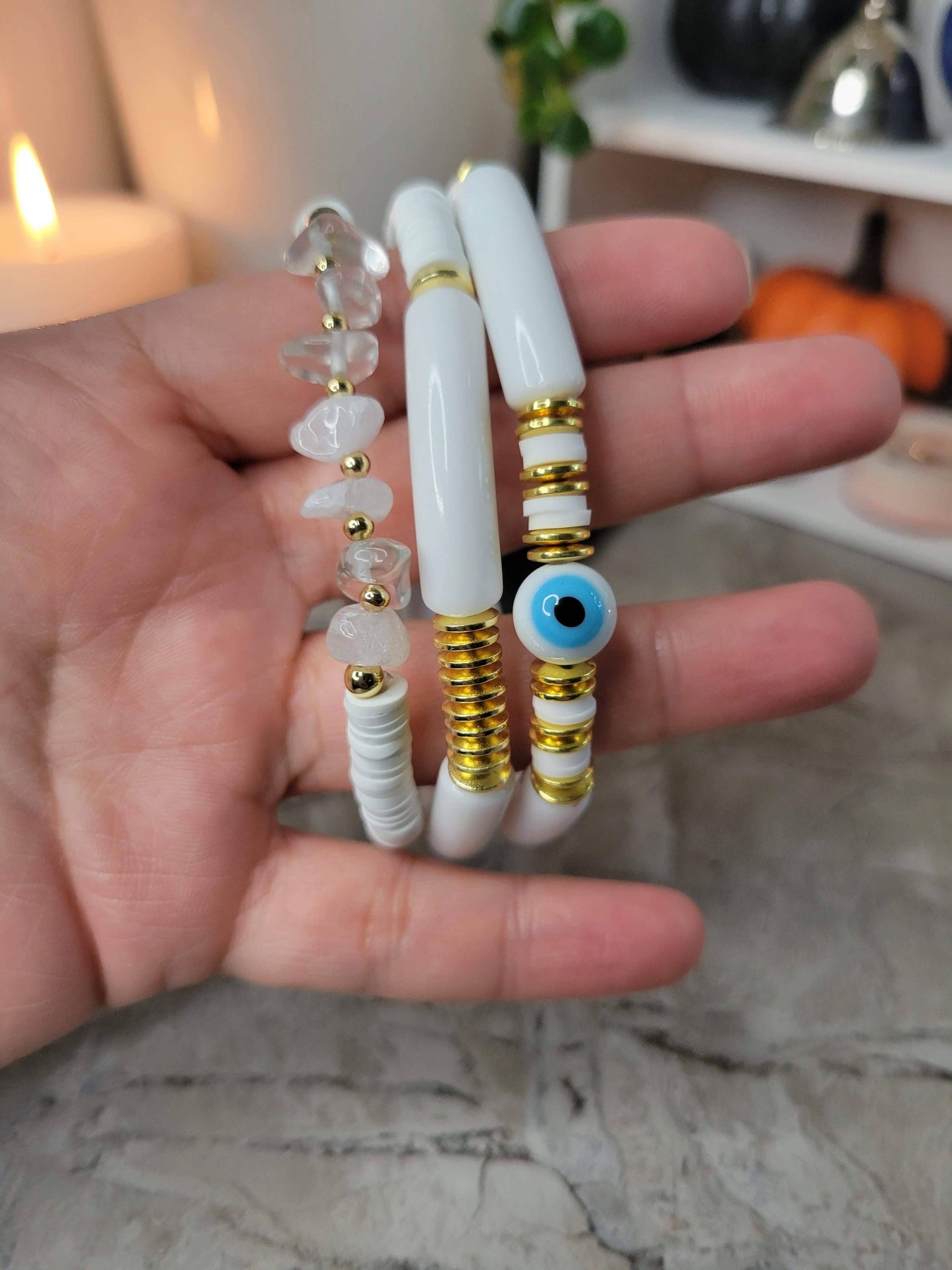 Chunky Tube Beads Bracelets Set of 3, Evil Eye Bracelets