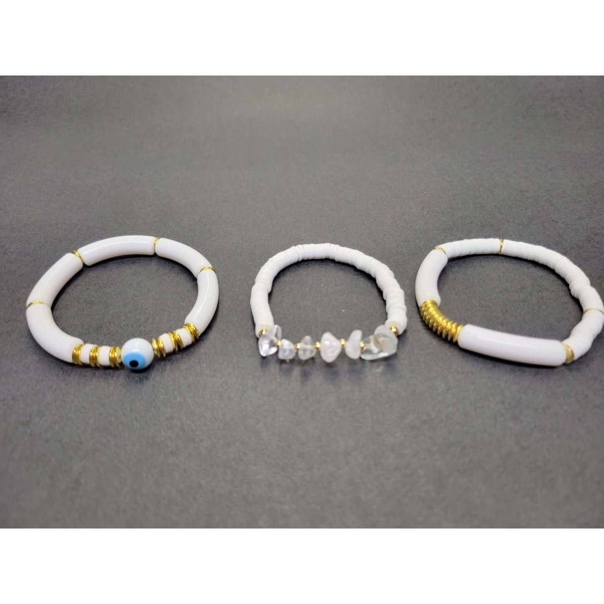 Chunky Tube Beads Bracelets Set of 3, Evil Eye Bracelets