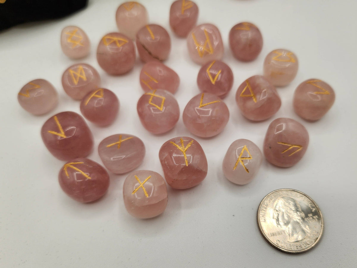 Rose Quartz Semi-Precious Gemstone Rune Sets  & Velvet Pouch