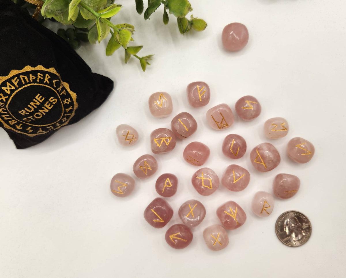 Rose Quartz Semi-Precious Gemstone Rune Sets  & Velvet Pouch